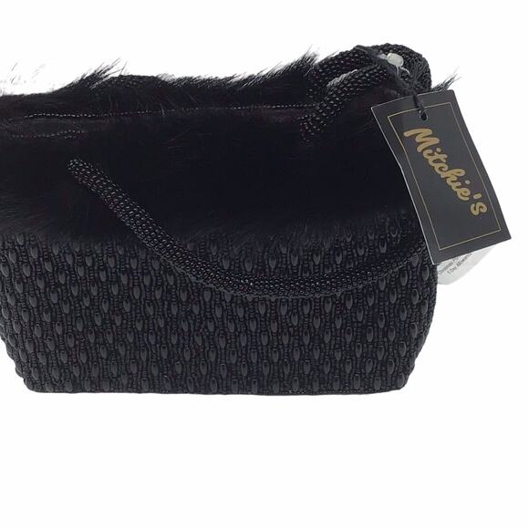 Mitchie’s Black Beaded Evening Bag Faux Fur Trim Top Handle Purse NWT Vintage - Picture 6 of 16
